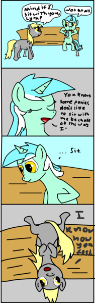 Size: 561x1780 | Tagged: safe, artist:roflpony, derpibooru import, derpy hooves, lyra heartstrings, pegasus, pony, unicorn, bench, comic, duo, eyes closed, sitting, upside down