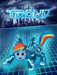 Size: 768x1024 | Tagged: artist:madmax, city, clothes, cosplay, costume, derpibooru import, grid, movie poster, parody, rainbow dash, safe, tron, tron legacy