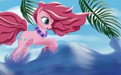 Size: 3840x2400 | Tagged: safe, artist:roadsleadme, derpibooru import, pinkie pie, earth pony, pony, cute, flower, high res, lei, open mouth, palm leaf, smiling, solo, splashing, water