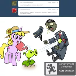 Size: 1000x1000 | Tagged: achievement, adolf hitler, ask, comic, crossover, derpibooru import, final fantasy, flower, hat, human, madmax weapon emporium, mouth hold, nazi, oc, oc:bitchdancer, plant, plants vs zombies, safe, tumblr, watering can, zombie