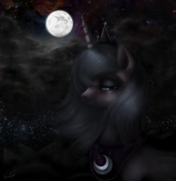 Size: 1050x1080 | Tagged: safe, artist:ventious, derpibooru import, princess luna, alicorn, pony, depressed, female, lidded eyes, mare, moon, night, s1 luna, solo, stars