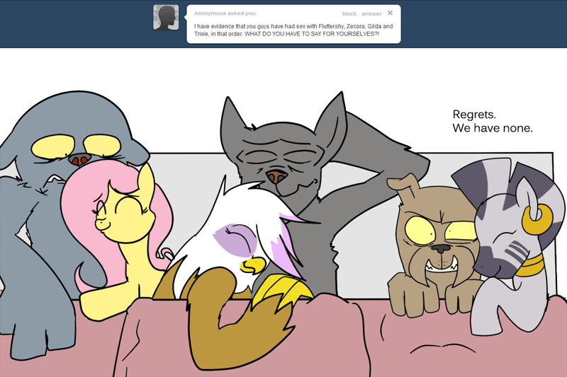 Size: 1200x799 | Tagged: suggestive, derpibooru import, fido, fluttershy, gilda, rover, spot, trixie, zecora, diamond dog, gryphon, zebra, ask the diamond dogs, afterglow, animated, ask, cuddling, morning after, tumblr
