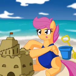 Size: 1600x1600 | Tagged: safe, artist:jake heritagu, derpibooru import, scootaloo, pegasus, pony, ask pregnant scootaloo, beach, clothes, one-piece swimsuit, pregnant, pregnant scootaloo, sand castle, solo, swimsuit, teen pregnancy