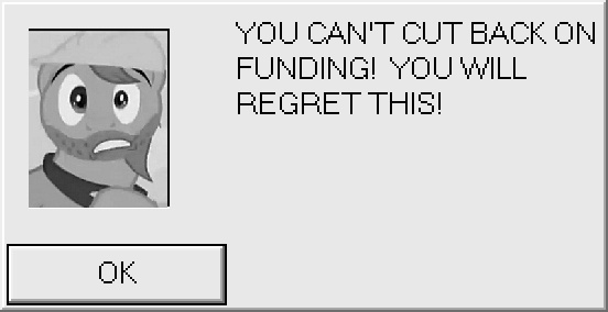 Size: 552x284 | Tagged: derpibooru import, meme, monochrome, safe, sim city, sim city 2000, you can't cut back on funding! you will regret this!