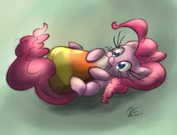 Size: 2982x2285 | Tagged: artist:leadhooves, candy corn, cute, derpibooru import, eyelashes, high res, micro, nom, on back, pinkie pie, safe, smiling, solo