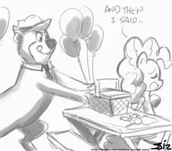 Size: 840x735 | Tagged: safe, artist:johnjoseco, derpibooru import, pinkie pie, :q, balloon, candy, crossover, eyes closed, eyes on the prize, food, grayscale, licking, licking lips, monochrome, open mouth, picnic basket, sitting, smiling, tongue out, yogi bear