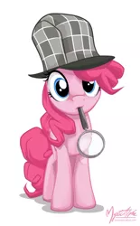 Size: 572x923 | Tagged: safe, artist:mysticalpha, derpibooru import, pinkie pie, ponified, earth pony, pony, mmmystery on the friendship express, costume, crossover, deerstalker, detective, female, hat, magnifying glass, mare, mouth hold, parody, sherlock holmes, solo