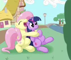 Size: 1300x1098 | Tagged: artist:whatsapokemon, derpibooru import, fluttershy, glomp, happy, hug, safe, twilight sparkle