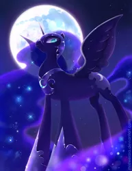Size: 612x792 | Tagged: alicorn, artist:misteelala, beautiful, dead source, derpibooru import, deviantart stamp, ethereal mane, horn, jewelry, mare in the moon, moon, nightmare moon, nightmare moon moon, regalia, safe, solo, spread wings, stars, wings