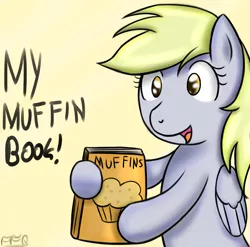 Size: 900x890 | Tagged: safe, artist:freefraq, derpibooru import, derpy hooves, pegasus, pony, book, dialogue, female, hoof hold, mare, muffin, open mouth, simple background, solo, that pony sure does love muffins, yellow background