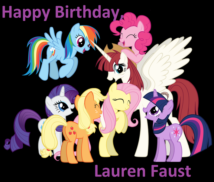 Size: 2800x2372 | Tagged: applejack, birthday, derpibooru import, fluttershy, happy birthday, happy birthday lauren faust, high res, lauren faust, oc, oc:fausticorn, pinkie pie, rainbow dash, rarity, safe, twilight sparkle