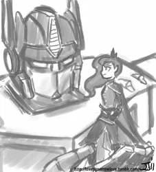 Size: 906x1000 | Tagged: artist:johnjoseco, cape, clothes, crossover, derpibooru import, grayscale, human, humanized, monochrome, optimus prime, princess luna, safe, sword, transformers, warrior luna