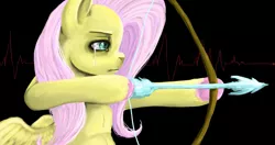 Size: 1169x615 | Tagged: archery, arrow, artist:colorlesscupcake, bow and arrow, bow (weapon), derpibooru import, fluttershy, safe, solo, weapon