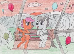 Size: 3059x2268 | Tagged: safe, artist:darkknightwolf2011, derpibooru import, rumble, scootaloo, balloon, carnival, female, ferris wheel, high res, male, rumbloo, shipping, straight, traditional art
