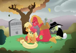 Size: 1000x696 | Tagged: safe, artist:willdrawforfood1, derpibooru import, apple bloom, applejack, big macintosh, granny smith, earth pony, pony, apple (company), bow, cowboy hat, falling leaves, female, filly, funeral, grave, grave meme, gravestone, hat, implied death, logo, male, mare, memorial, sad, stallion, steve jobs, tree