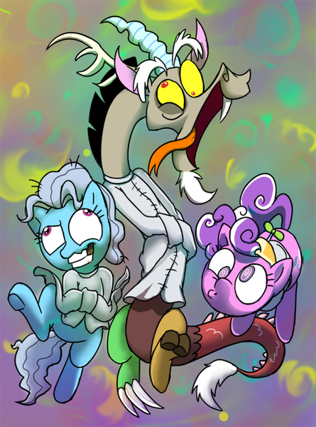 Size: 638x860 | Tagged: safe, artist:mickeymonster, derpibooru import, discord, screw loose, screwball, draconequus, earth pony, pony, insanity, straitjacket