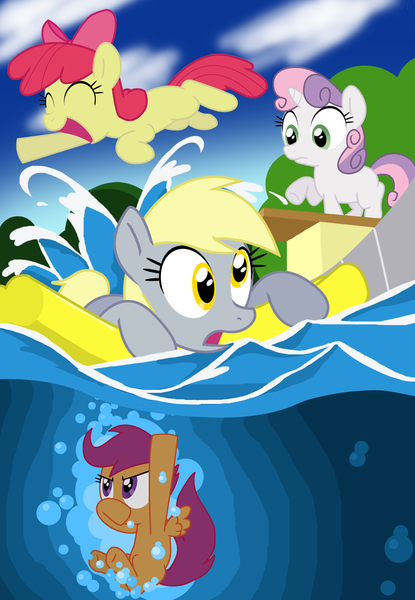 Size: 758x1095 | Tagged: safe, artist:shutterflye, derpibooru import, apple bloom, derpy hooves, scootaloo, sweetie belle, pegasus, pony, cutie mark crusaders, female, floaty, mare, swimming, swimming pool