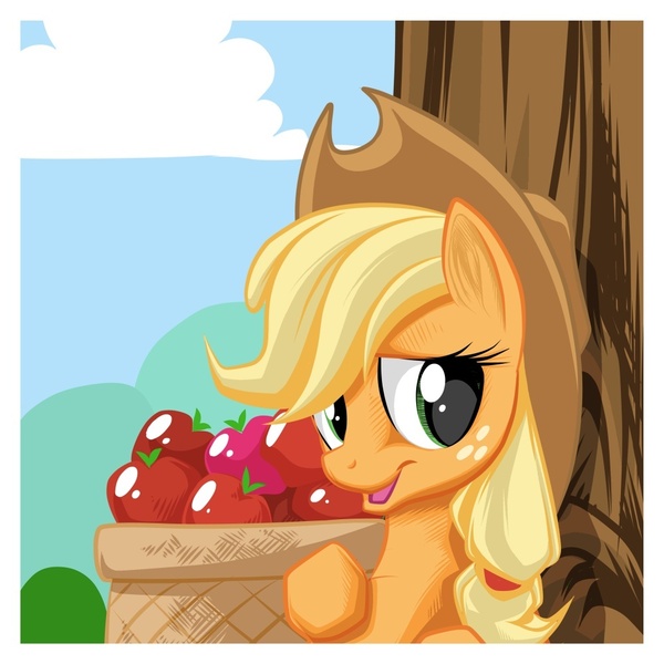 Size: 1000x1000 | Tagged: safe, artist:mysticalpha, derpibooru import, applejack, earth pony, pony, apple, basket, bust, female, food, leaning, mare, open mouth, portrait, sideways glance, sitting, smiling, solo, tree