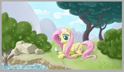 Size: 1320x763 | Tagged: artist:giantmosquito, derpibooru import, flower, flower in hair, fluttershy, outdoors, prone, river, safe, solo, stream, tree