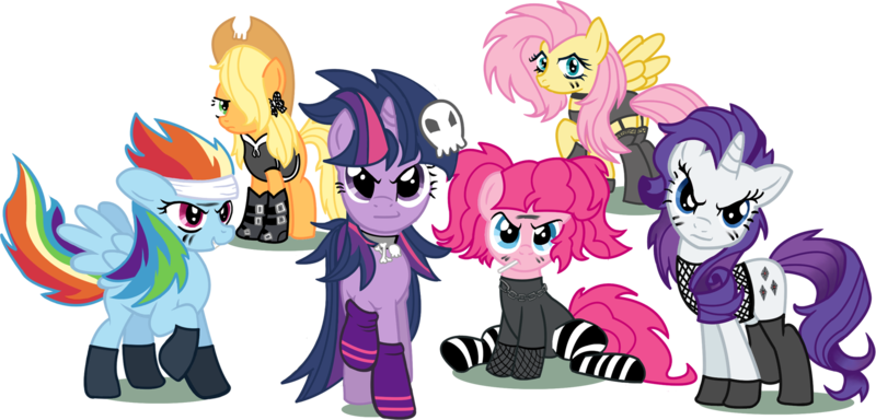 Size: 1700x815 | Tagged: safe, artist:schnuffitrunks, derpibooru import, applejack, fluttershy, pinkie pie, rainbow dash, rarity, twilight sparkle, pony, alternate hairstyle, applepunk, clothes, fashion, flutterpunk, mane six, punk, punkie pie, rainbow punk, raripunk, simple background, socks, striped socks, transparent background, vector