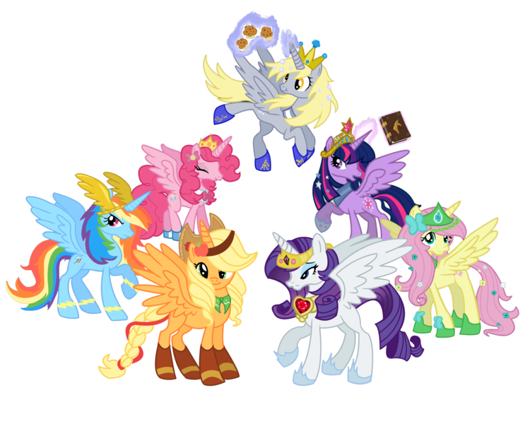 Size: 2500x2000 | Tagged: safe, artist:schnuffitrunks, derpibooru import, applejack, derpy hooves, fluttershy, pinkie pie, rainbow dash, rarity, twilight sparkle, twilight sparkle (alicorn), alicorn, pony, season 4, alicorns everywhere, applecorn, derpicorn, everyone is an alicorn, fire ruby, fluttercorn, high res, mane six, mane six alicorns, pinkiecorn, race swap, rainbowcorn, raricorn, vector, xk-class end-of-the-world scenario