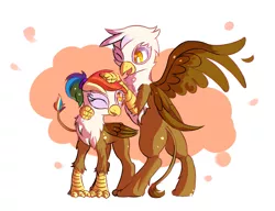 Size: 1333x1025 | Tagged: safe, artist:haute-claire, derpibooru import, gilda, oc, oc:rainbow feather, gryphon, hippogriff, bipedal, cute, interspecies offspring, magical lesbian spawn, mother and daughter, offspring, one eye closed, open mouth, parent:gilda, parent:rainbow dash, parents:gildash, ponytail, smiling, spread wings, wink