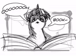 Size: 612x452 | Tagged: adorkable, artist:hattonslayden, book, bookhorse, cute, derpibooru import, dork, eyes on the prize, monochrome, :o, safe, sketch, solo, speech bubble, that pony sure does love books, twiabetes, twilight sparkle