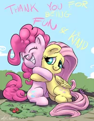 Size: 1084x1400 | Tagged: artist:atryl, derpibooru import, fluttershy, friendship, heartwarming, hug, pinkie pie, safe