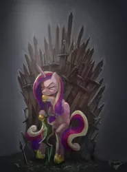 Size: 900x1214 | Tagged: safe, artist:ponyrake, derpibooru import, princess cadance, queen chrysalis, alicorn, pony, crossover, disguise, disguised changeling, fake cadance, female, frown, game of thrones, image, iron throne, jpeg, mare, signature, sitting, solo, sword, weapon