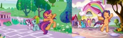 Size: 950x300 | Tagged: comparison, derpibooru import, g3, g3.5, hopscotch (game), intro, rainbow dash, rainbow dash (g3), safe, scootaloo, scootaloo (g3), scootaloo will show us games to play, sweetie belle, sweetie belle (g3)