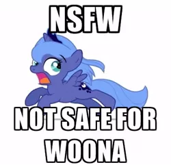 Size: 400x386 | Tagged: safe, artist:flausch-katzerl, derpibooru import, princess luna, pony, artifact, cute, filly, image macro, meme, not safe for woona, scared, solo, woona, younger