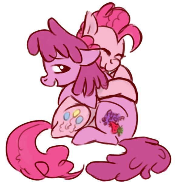 Size: 589x612 | Tagged: artist needed, safe, derpibooru import, berry punch, berryshine, pinkie pie, earth pony, pony, duo, duo female, female, hug, mare