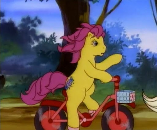 Size: 512x423 | Tagged: bicycle, bon bon (g1), derpibooru import, g1, my little pony tales, safe, screencap, solo, the great lemonade stand wars