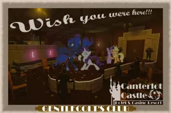 Size: 900x594 | Tagged: 3d, artist:bongo, bedroom eyes, canterlot castle hotel & casino resort, derpibooru import, gmod, letter, nightclub, pole dancing, postcard, princess luna, rarity, strip club, suggestive