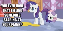 Size: 619x308 | Tagged: safe, derpibooru import, edit, edited screencap, screencap, rarity, sweetie belle, unicorn, stare master, are you frustrated?, bedroom eyes, caption, cutie mark, ei, female, filly, flank, hub logo, incest, lesbian, mare, meme, necc, raribelle, rarity's bedroom, shipping, sisters, stare