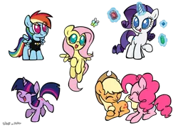 Size: 1800x1291 | Tagged: applejack, artist:773her, chibi, derpibooru import, fluttershy, mane six, pinkie pie, rainbow dash, rarity, safe, simple background, twilight sparkle