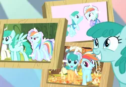 Size: 650x450 | Tagged: safe, artist:violetclm, derpibooru import, edit, edited screencap, screencap, applejack, rainbow dash, rainbowshine, spring melody, sprinkle medley, twinkleshine, pegasus, pony, fall weather friends, the super speedy cider squeezy 6000, winter wrap up, female, hoofstuck, mare, obsession, picture, picture frame, stalker, tape, winter wrap up vest