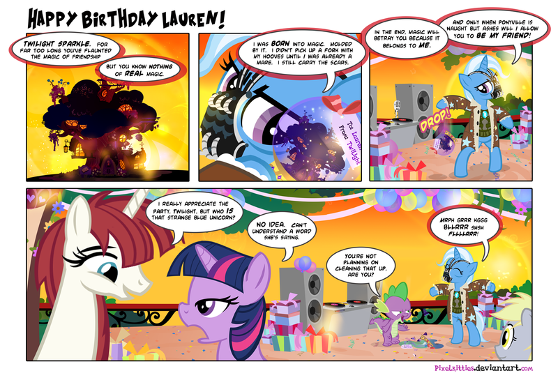 Size: 1400x953 | Tagged: safe, artist:pixelkitties, derpibooru import, derpy hooves, spike, trixie, twilight sparkle, oc, oc:fausticorn, pegasus, pony, bane, batman, birthday, comic, female, happy birthday, happy birthday lauren faust, lauren faust, mare, parody, party