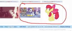 Size: 877x378 | Tagged: apple bloom, derpibooru, derpibooru import, exploitable meme, juxtaposition, juxtaposition win, meta, rarity, safe, screencap, scrunchy face, sweetie belle, the ass was fat