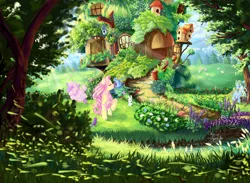 Size: 2362x1732 | Tagged: angel bunny, animal, artist:tzulin520, artist:卒凜, crepuscular rays, derpibooru import, detailed, fluttershy, fluttershy's cottage, garden, grass, oc, pixiv, safe, scenery