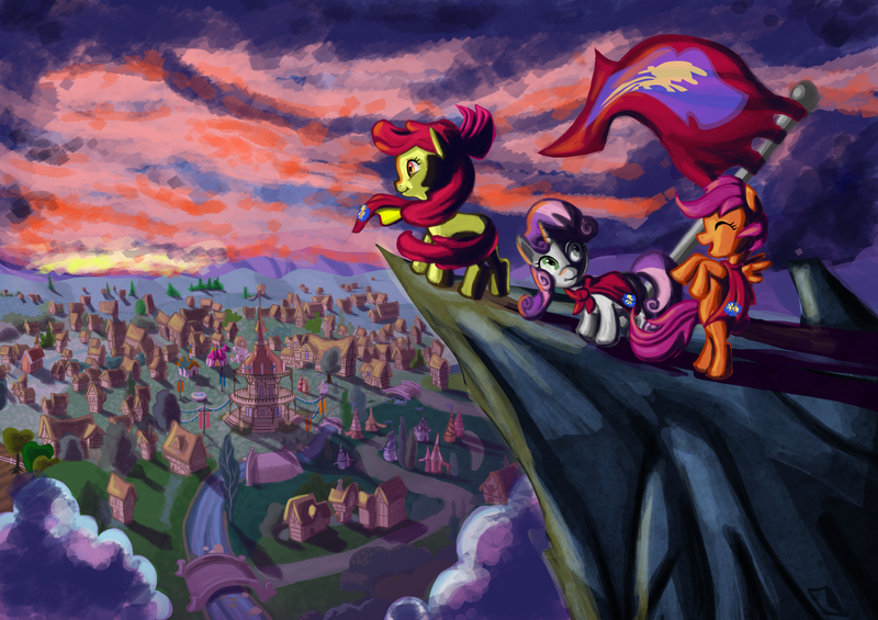 Size: 5100x3600 | Tagged: apple bloom, artist:fauxsquared, cape, carousel boutique, cliff, clothes, cmc cape, cutie mark crusaders, dead source, derpibooru import, flag, ponyville, safe, scenery, scootaloo, sunset, sweetie belle