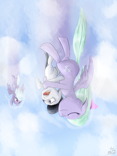 Size: 1500x2000 | Tagged: artist:mlpanon, cloud, cloudchaser, cloudy, cute, dancing, derpibooru import, eyes closed, female, flitter, flitterumble, flying, hug, male, open mouth, rumble, safe, scared, shipping, spread wings, straight, upside down, wide eyes