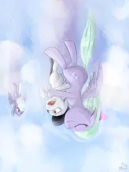 Size: 1500x2000 | Tagged: artist:mlpanon, cloud, cloudchaser, cloudy, cute, dancing, derpibooru import, eyes closed, female, flitter, flitterumble, flying, hug, male, open mouth, rumble, safe, scared, shipping, spread wings, straight, upside down, wide eyes