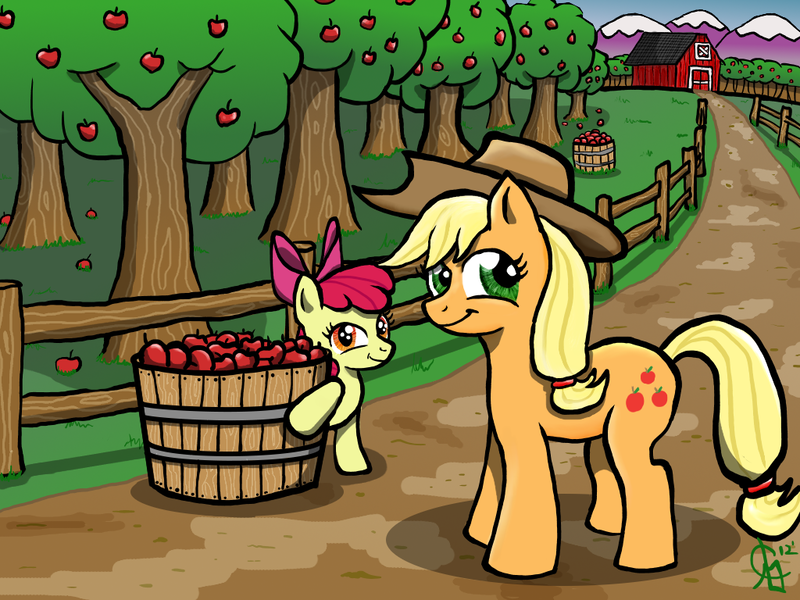 Size: 1024x768 | Tagged: apple, apple bloom, applejack, artist:godofirony, derpibooru import, fence, food, looking at you, orchard, safe