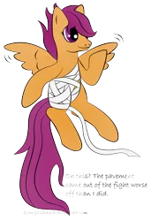 Size: 1844x2692 | Tagged: safe, artist:zomgitsalaura, derpibooru import, scootaloo, bandage, dialogue, implied scootabuse, scootaloo can't fly, simple background, solo, transparent background