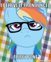 Size: 424x510 | Tagged: derpibooru import, fluffy pony, glasses, hipster, image macro, meme, rainbow dash, rainbow dork, safe