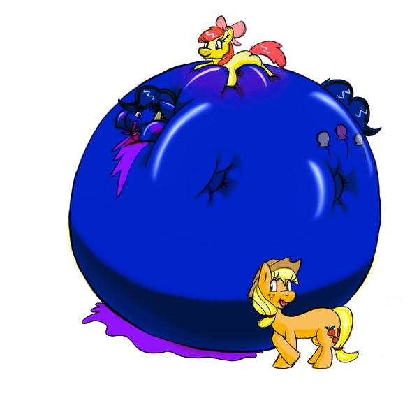 Size: 1200x1200 | Tagged: apple bloom, applejack, artist:kbryme, blue, blueberry, blueberry inflation, derpibooru import, inflation, juice, pinkberry, pinkberry pie, pinkie berry, pinkieberry, pinkie berry pie, pinkieberry pie, pinkie blueberry pie, pinkie pie, questionable, round, swelling