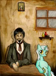 Size: 600x806 | Tagged: safe, artist:foxinshadow, derpibooru import, lyra heartstrings, human, pony, unicorn, classic art, duo, looking at each other, meme, sitting, sitting lyra, smiling