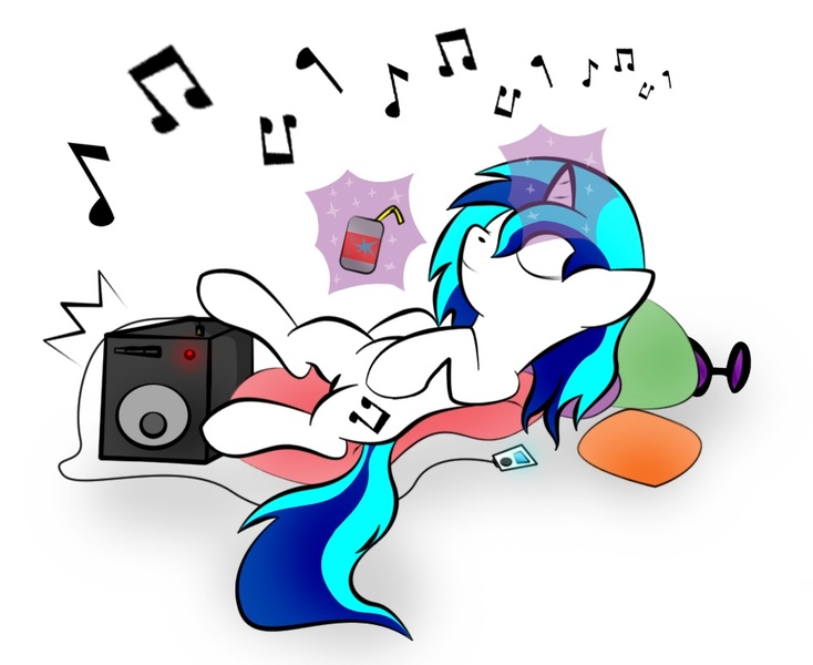 Size: 961x786 | Tagged: artist:zomgitsalaura, derpibooru import, ipod, magic, music notes, relaxing, safe, simple background, solo, vinyl scratch, white background