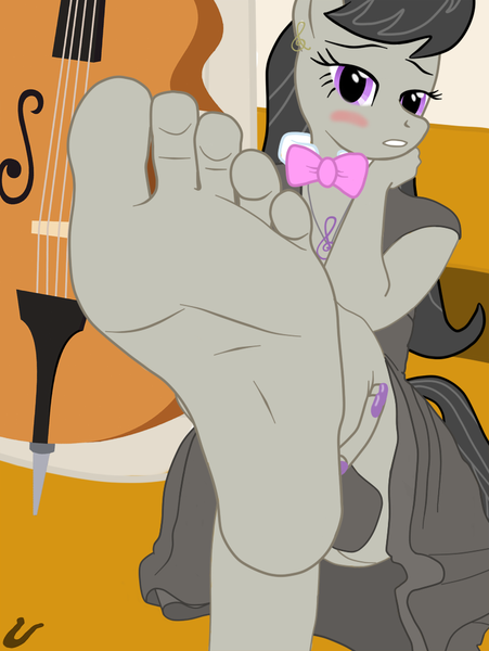 Size: 780x1038 | Tagged: suggestive, artist:dactdigityl, derpibooru import, octavia melody, anthro, plantigrade anthro, barefoot, blushing, cello, feet, fetish, foot fetish, foot focus, musical instrument, soles, toes